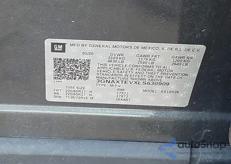 2020 Chevrolet Equinox Awd 2Fl из США, поврежденный, VIN 3GNAXTEVXLS630909